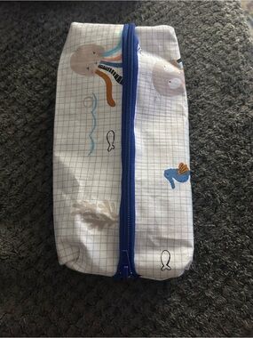 Hand Crafted White Pencil Pouch with Blue Zipper and Multicolor Sea Motifs